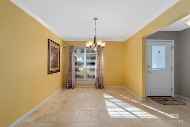 unfurnished dining area featuring light tile patterned floors, an inviting chandelier, and crown molding