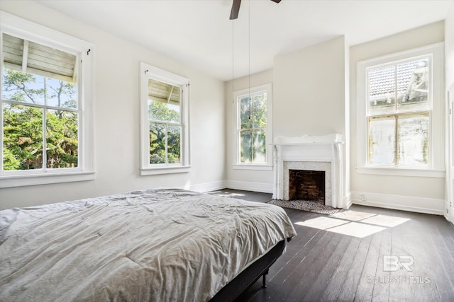 bedroom with ceiling fan, dark hardwood / wood-style floors, and multiple windows