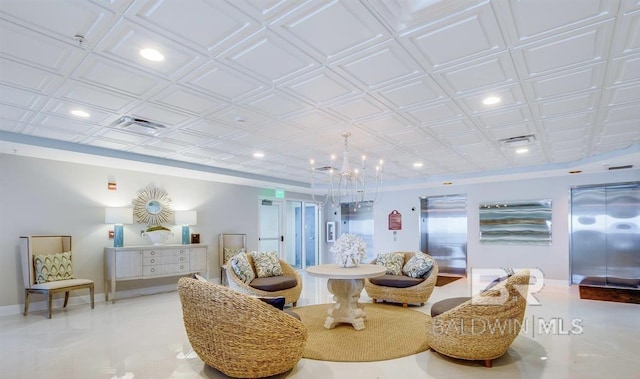 interior space featuring an ornate ceiling, visible vents, baseboards, and recessed lighting