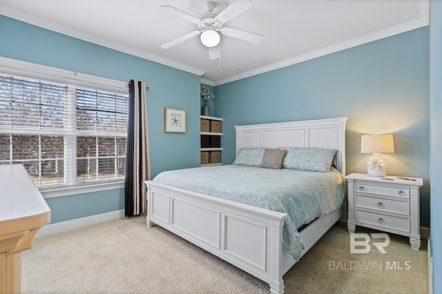 bedroom featuring baseboards, ornamental molding, a ceiling fan, and light colored carpet