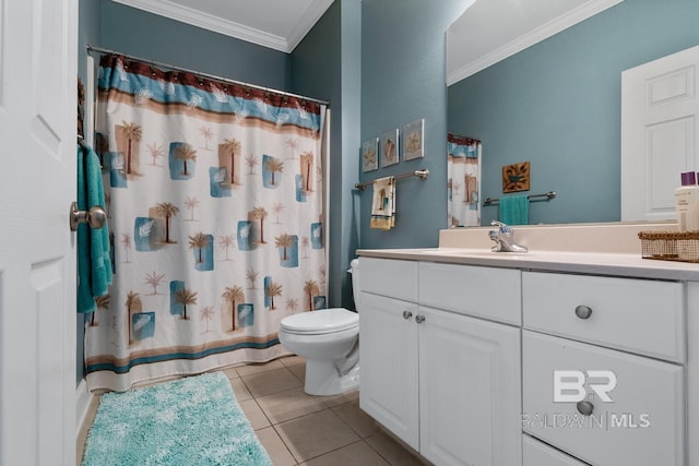 bathroom with a shower with shower curtain, toilet, ornamental molding, vanity, and tile patterned floors