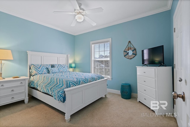 bedroom featuring light colored carpet, crown molding, baseboards, and ceiling fan