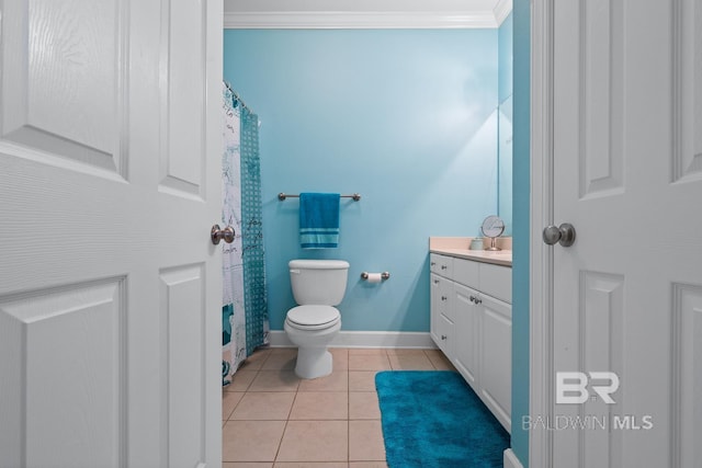 full bathroom featuring baseboards, toilet, tile patterned flooring, crown molding, and vanity