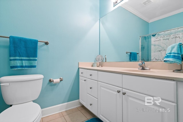 full bathroom featuring crown molding, visible vents, toilet, vanity, and tile patterned floors