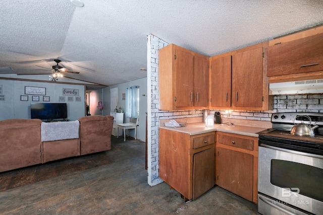 kitchen featuring ceiling fan, stainless steel range with electric stovetop, a textured ceiling, backsplash, and extractor fan