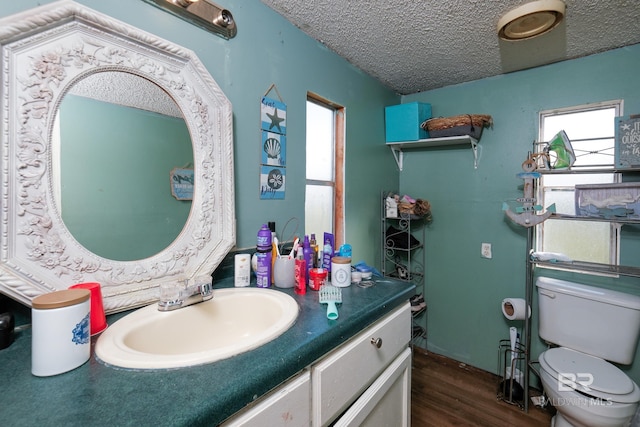 bathroom with toilet, vanity, wood-type flooring, and a textured ceiling