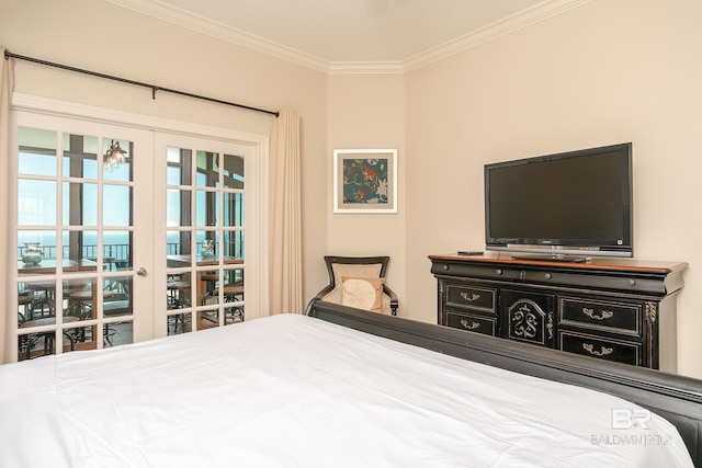 bedroom featuring french doors and ornamental molding