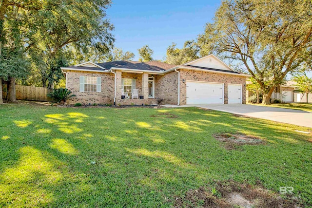 ranch-style house with a garage and a front lawn