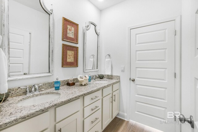 bathroom featuring double vanity and wood finished floors