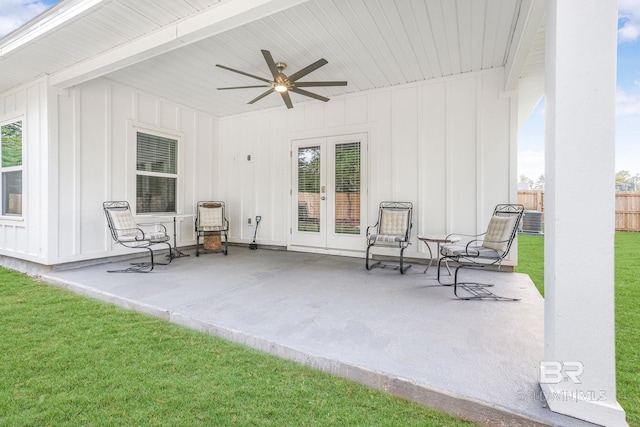 view of patio featuring french doors and a ceiling fan