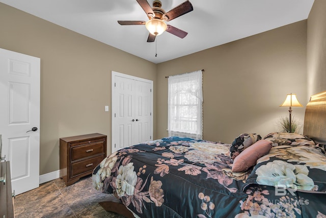 bedroom with ceiling fan and a closet