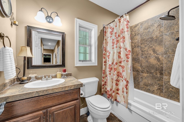 full bathroom with toilet, shower / tub combo, and vanity