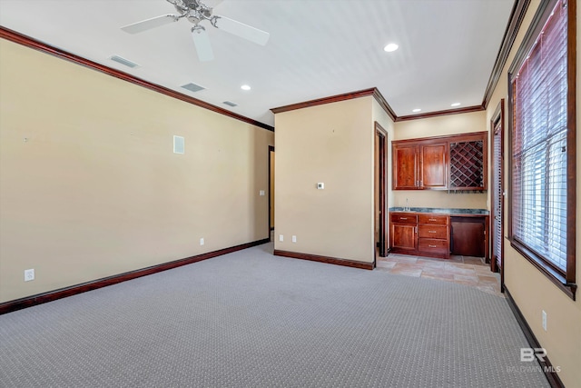 unfurnished living room with light carpet, recessed lighting, visible vents, and baseboards