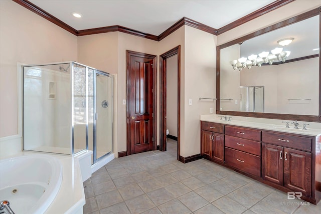 bathroom featuring double vanity, ornamental molding, a sink, and a shower stall