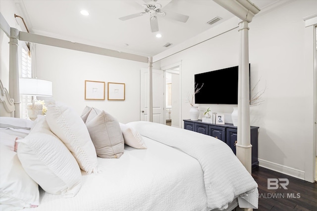 bedroom featuring crown molding, ceiling fan, and dark wood-type flooring