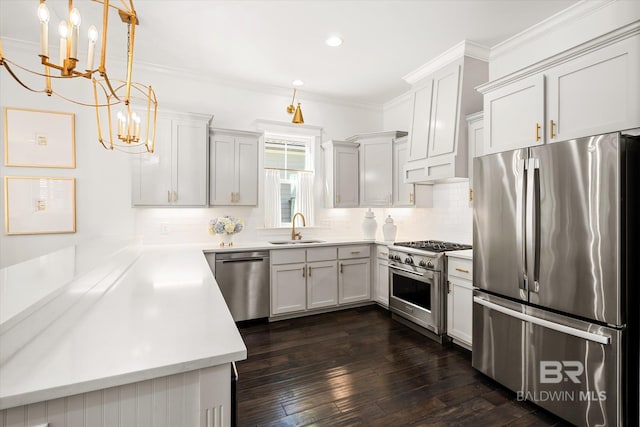 kitchen with sink, crown molding, dark hardwood / wood-style floors, decorative light fixtures, and stainless steel appliances