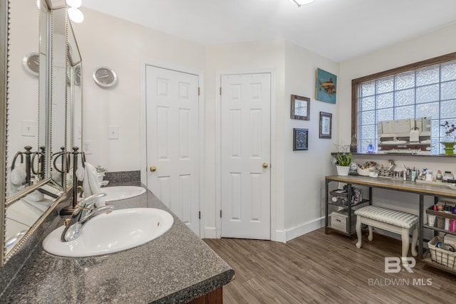 bathroom with hardwood / wood-style flooring and vanity