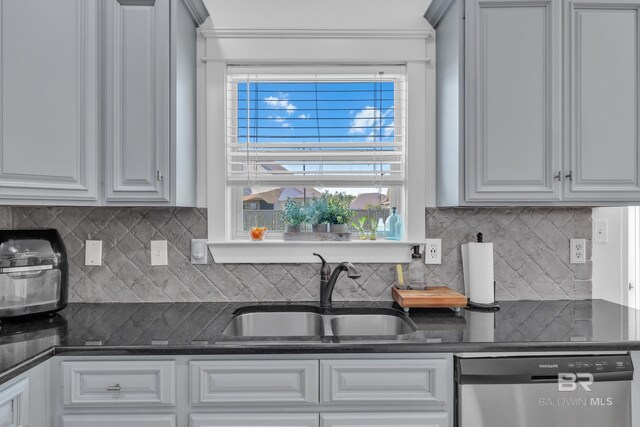 8847 Asphodel Ln, Daphne, AL 36526 - kitchen featuring dishwasher, a sink, dark countertops, decorative backsplash, and white cabinetry