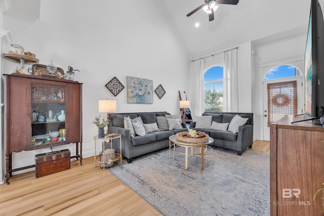 8847 Asphodel Ln, Daphne, AL 36526 - living room with high vaulted ceiling, ceiling fan, wood finished floors, and recessed lighting