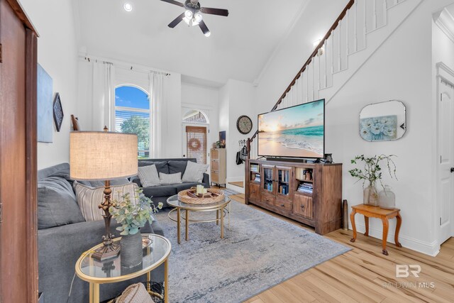 8847 Asphodel Ln, Daphne, AL 36526 - living room with a ceiling fan, wood finished floors, lofted ceiling, baseboards, and recessed lighting