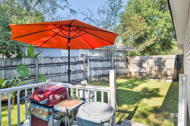 wooden terrace featuring a lawn, a grill, and a fenced backyard