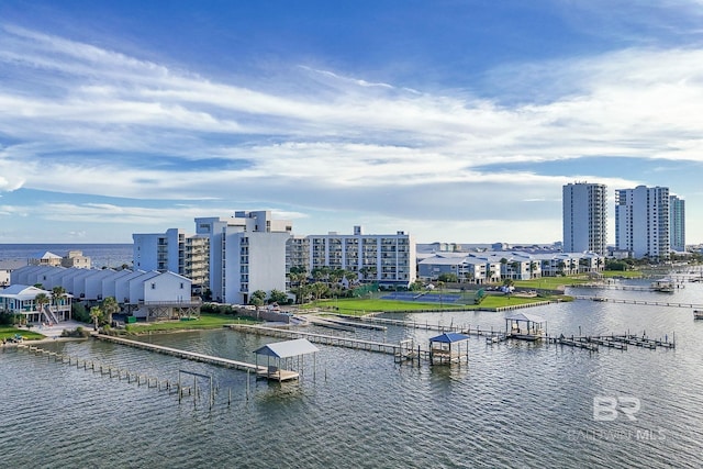 water view featuring a dock