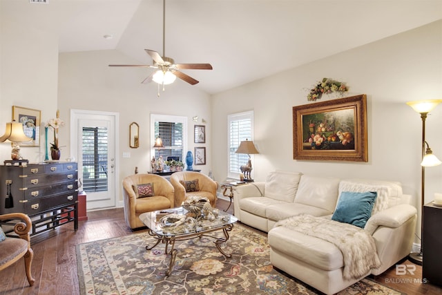 4268 Birkdale St, Gulf Shores, AL 36542 - living room featuring a ceiling fan, wood finished floors, and high vaulted ceiling