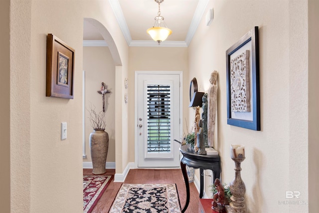 entryway featuring ornamental molding and dark hardwood / wood-style flooring