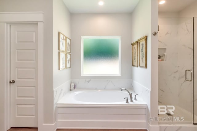 7339 Grissom Dr, Saraland, AL 36571 - full bath with a garden tub, a marble finish shower, and recessed lighting