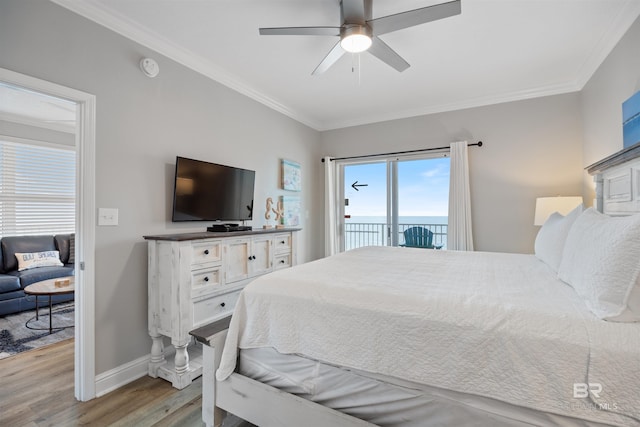 bedroom with crown molding, access to outside, baseboards, and light wood finished floors