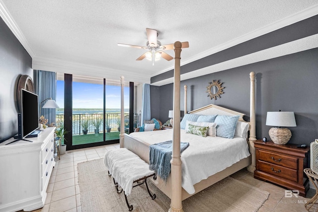 bedroom featuring access to exterior, ceiling fan, crown molding, a textured ceiling, and light tile patterned floors