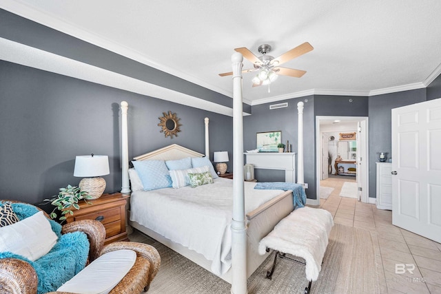 bedroom featuring ceiling fan, light tile patterned flooring, and crown molding