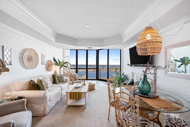 living room with floor to ceiling windows, ornamental molding, a textured ceiling, and a tray ceiling