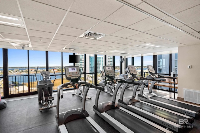 workout area featuring a paneled ceiling and expansive windows