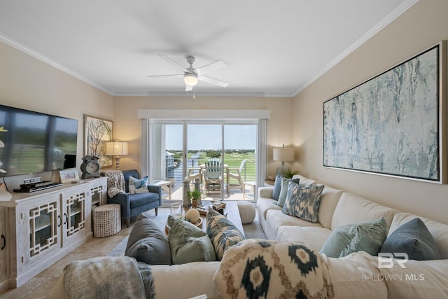 living room with ornamental molding and ceiling fan