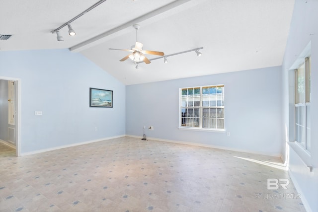 empty room with ceiling fan, vaulted ceiling with beams, light carpet, and track lighting