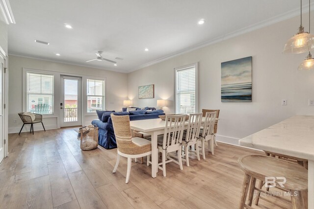 1050 W Beach Blvd Unit E, Gulf Shores, AL 36542 - dining area featuring plenty of natural light, ornamental molding, light wood-style flooring, recessed lighting, and ceiling fan