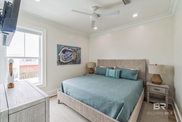 1050 W Beach Blvd Unit E, Gulf Shores, AL 36542 - bedroom featuring recessed lighting, crown molding, wood finished floors, and ceiling fan