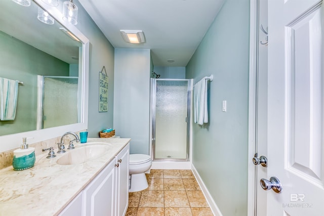 bathroom with a stall shower, baseboards, toilet, tile patterned floors, and vanity