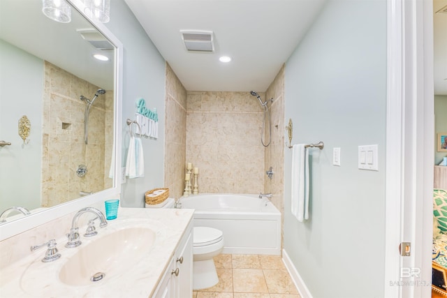 full bathroom featuring bathtub / shower combination, visible vents, toilet, vanity, and tile patterned floors