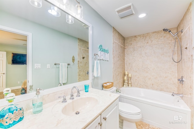 bathroom featuring  shower combination, visible vents, vanity, and toilet