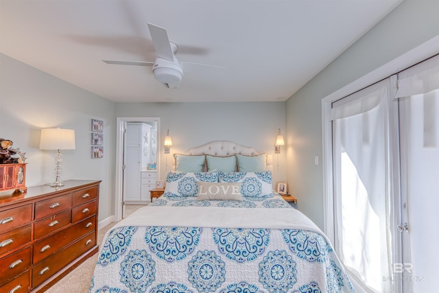 bedroom featuring carpet, baseboards, and ceiling fan