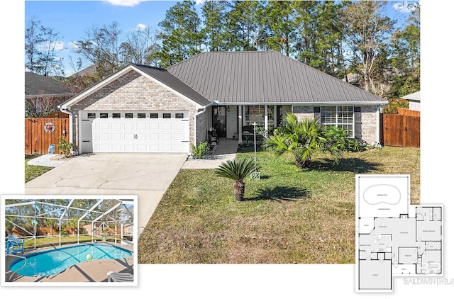 view of front of house featuring a fenced in pool, glass enclosure, and a front yard