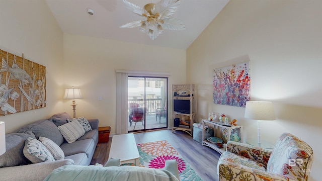28835 Perdido Beach Blvd Unit 309, Orange Beach, AL 36561 - living area featuring high vaulted ceiling, wood finished floors, and ceiling fan