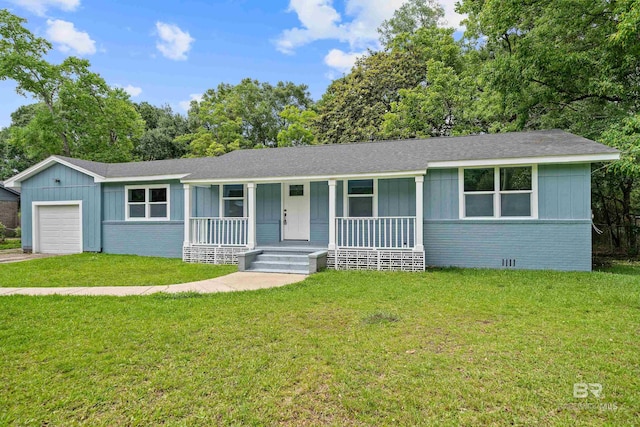1716 Bryan Ave, Mobile, AL 36605 - ranch-style home with brick siding, a porch, an attached garage, board and batten siding, and a front yard
