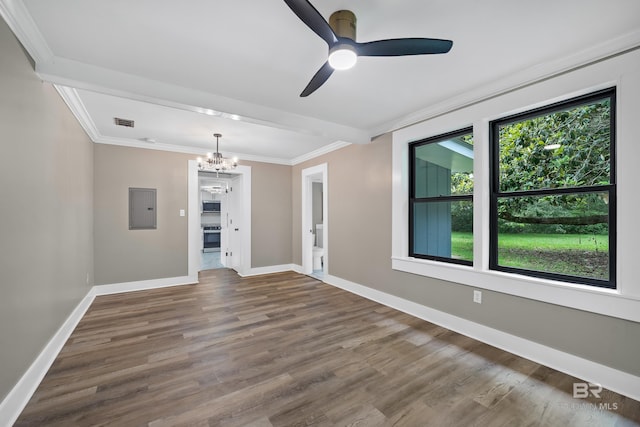 1716 Bryan Ave, Mobile, AL 36605 - spare room featuring electric panel, wood finished floors, a ceiling fan, a chandelier, and ornamental molding