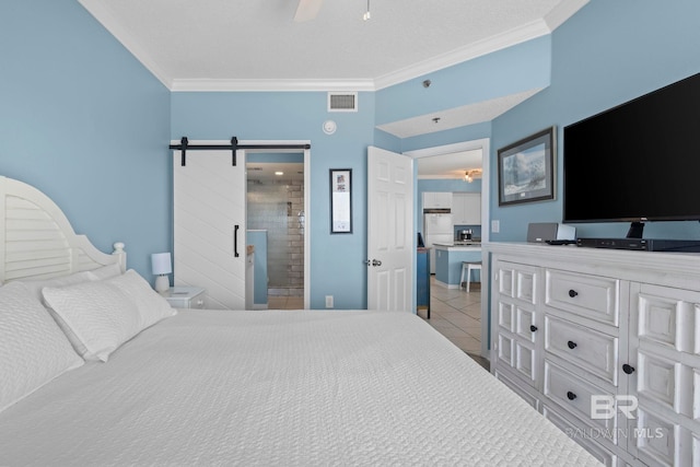 bedroom featuring crown molding, visible vents, a barn door, ceiling fan, and tile patterned flooring