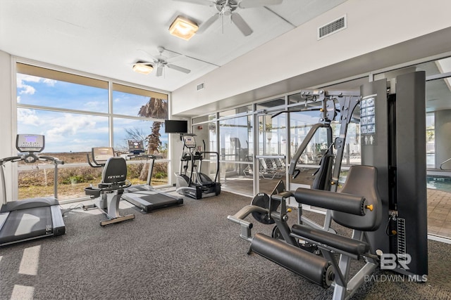 workout area featuring expansive windows, visible vents, and ceiling fan