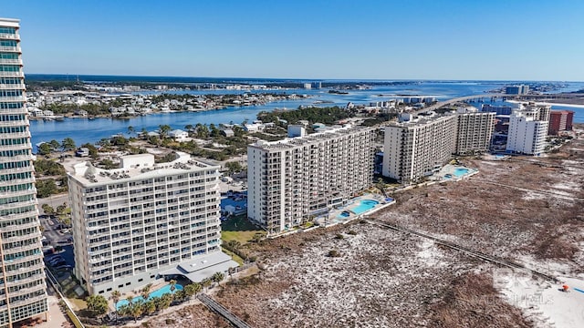 aerial view with a water view and a city view