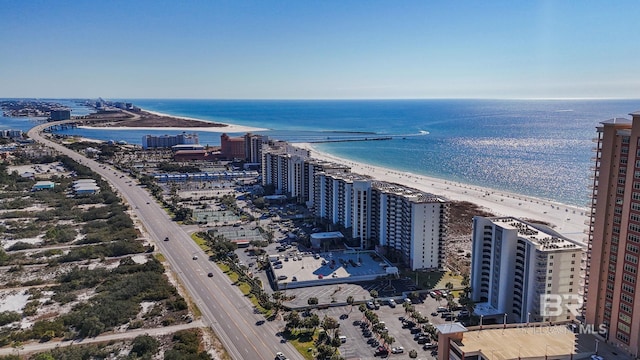 bird's eye view with a view of city, a water view, and a beach view